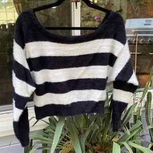 Cropped Fuzzy Striped Black And White Off The Shoulder Sweater